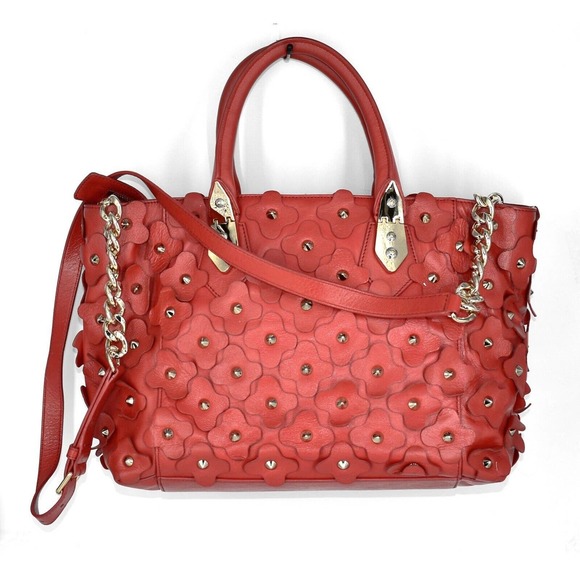 henri bendel Handbags - D0 NEW HENRI BENDEL Red Leather Studded Floral Applique Shoulder Handbag Bag